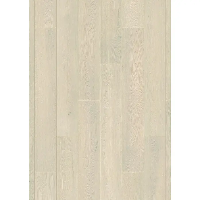 LOGOCLIC Aquaprotect Laminado Roble Alpaca Ethereal - 1.288 x 195 x 12 mm, Roble Alpaca Ethereal, AC5, Resistente al agua - Suelo de madera clara en interiores que crea un ambiente cálido y acogedor. Los tablones están cuidadosamente colocados.