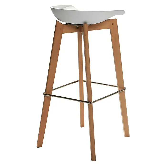 Feros Garten-Barhocker Keeve - B x T x H: 44,5 x 46 x 90 cm, Edelstahl, Birkenholz, Polypropylen, Weiß - Moderner Barhocker mit weißem Sitz und hellem Holzgestell. Die Beine sind durch einen Metallring verbunden, der für zusätzliche Stabilität sorgt.
