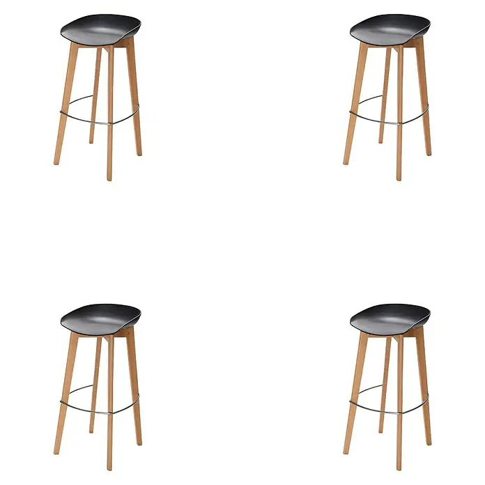 Feros Garten-Barhocker Keeve - B x T x H: 44,5 x 46 x 90 cm, Edelstahl, Birkenholz, Polypropylen, Schwarz - Eine Nahaufnahme von vier Barhockern mit schwarzen Sitzen und hellen Holzrahmen, die vor einem neutralen Hintergrund stehen.