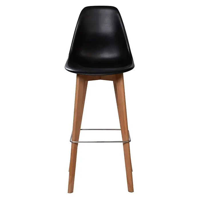 Feros Garten-Barhocker Keeve - Edelstahl, Birkenholz, Polypropylen, Schwarz, B x T x H: 47 x 53 x 119 cm - Ein moderner Barhocker mit schwarzer Sitzfläche und hellen Holzbeinen mit einer silbernen Fußstütze. Elegant und funktional für jede Bar.