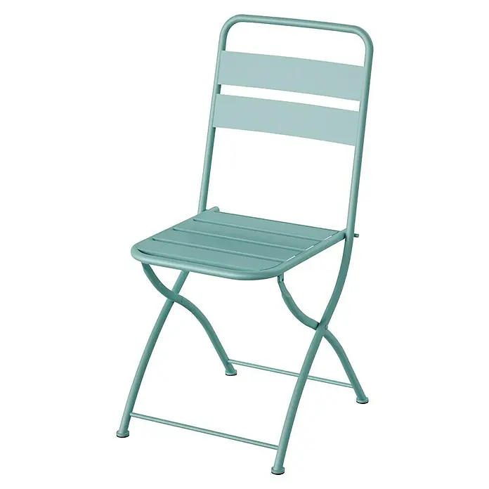 Feros Klappstuhl Breeze - Stahl, Blau, B x T x H: 43 x 54 x 87,5 cm - Ein mintgrüner Klappstuhl aus Metall. Er ist für den Außenbereich geeignet und leicht zu verstauen, wenn er nicht gebraucht wird.