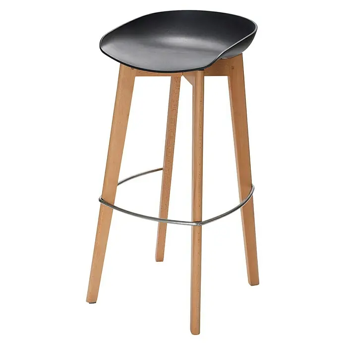 Feros Garten-Barhocker Keeve - B x T x H: 44,5 x 46 x 90 cm, Edelstahl, Birkenholz, Polypropylen, Schwarz - Schwarzer Barhocker mit Holzbeinen und Fußstütze.
