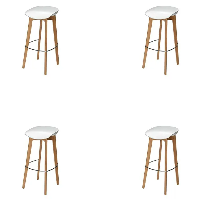 Feros Garten-Barhocker Keeve - B x T x H: 44,5 x 46 x 90 cm, Edelstahl, Birkenholz, Polypropylen, Weiß - Vier Holzbarhocker mit weißen Sitzen vor einem schwarzen Hintergrund. Die Hocker sind modern und elegant.