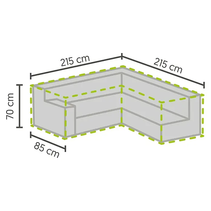 Barths Loungemöbel Schutzhülle - L x B x H: 215 x 215 x 70 cm, Polypropylen, Hellgrau - Skizze eines Ecksofas mit den Maßen 215 cm x 215 cm für die Länge, 85 cm für die Breite und 70 cm für die Höhe. Ideal für stilvolle und platzsparende Lösungen.