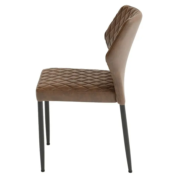 Feros Stapelstuhl Louis - Stahl, Velours, Braun, B x T x H: 49 x 56 x 80 cm - Detailaufnahme eines gesteppten braunen Esszimmerstuhls mit Metallbeinen, der Komfort und Stil vereint.