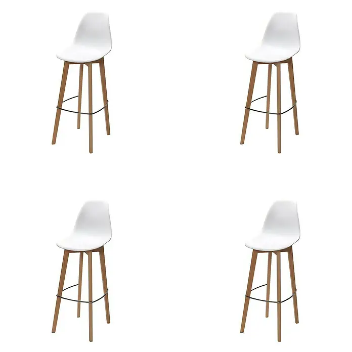 Feros Garten-Barhocker Keeve - Edelstahl, Birkenholz, Polypropylen, Weiß, B x T x H: 47 x 53 x 119 cm - Diese Aufnahme zeigt vier moderne Barhocker mit weißen Sitzen und Holzbeinen, ideal für jede stilvolle Bar oder Küche.