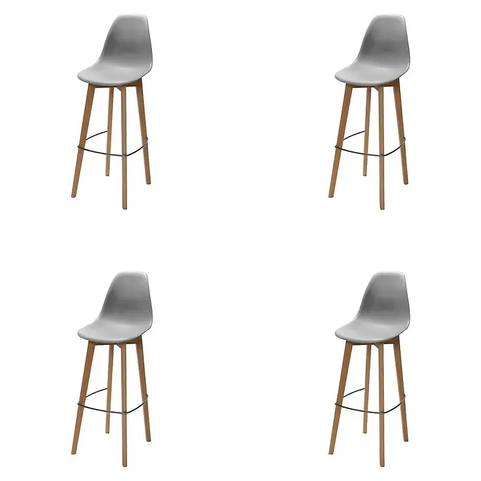 Feros Garten-Barhocker Keeve - Edelstahl, Birkenholz, Polypropylen, Grau, B x T x H: 47 x 53 x 119 cm - Vier Barhocker mit hellgrauer Sitzfläche und hellem Holzgestell. Die Barhocker sind modern und stilvoll.
