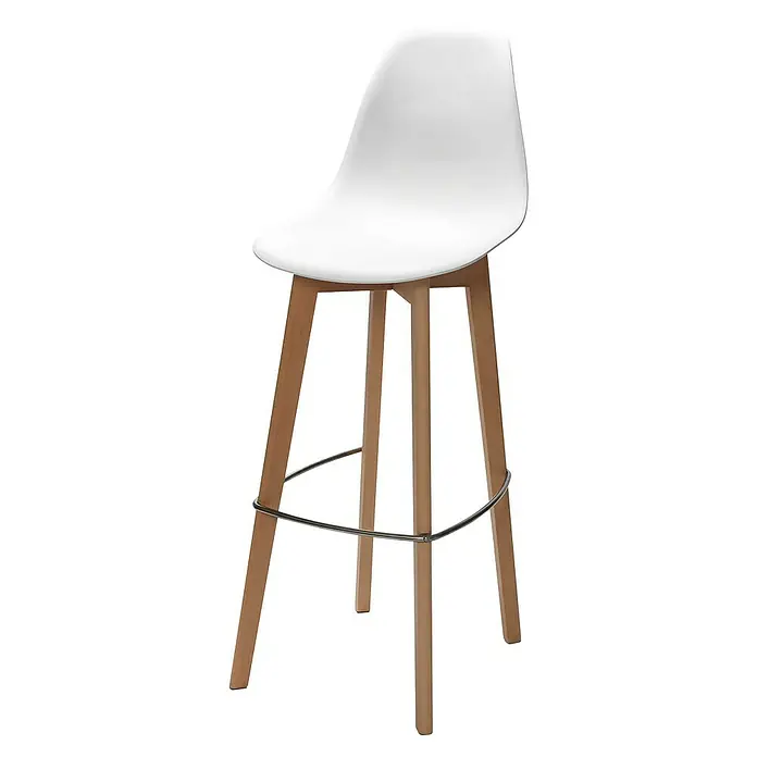 Feros Garten-Barhocker Keeve - Edelstahl, Birkenholz, Polypropylen, Weiß, B x T x H: 47 x 53 x 119 cm - Ein moderner Barhocker mit weißer Sitzfläche und hellen Holzbeinen, verbunden durch einen silbernen Ring, ideal für jede Küchentheke.