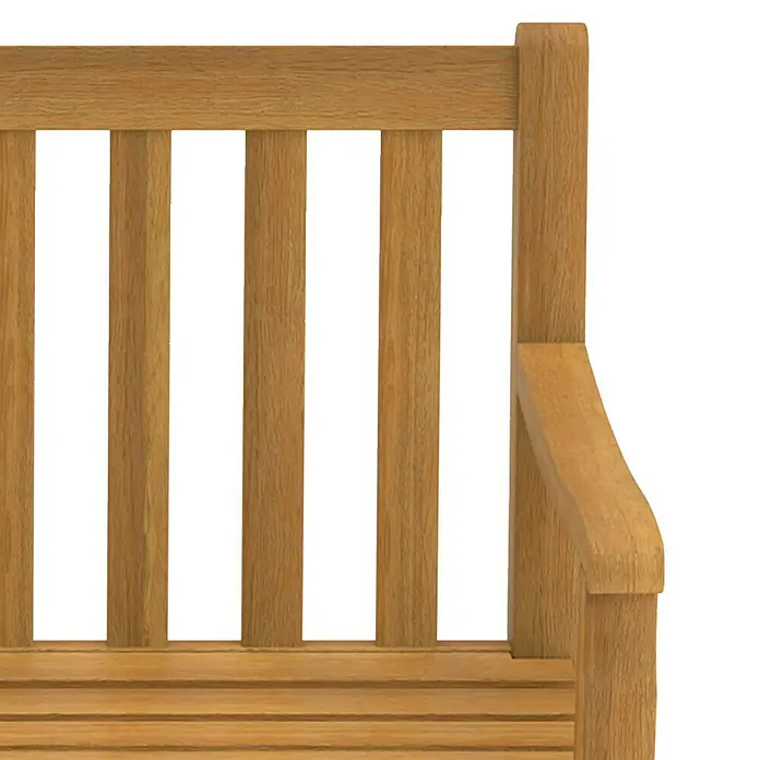Gartenbank Stockholm - B x T x H: 150 x 55 x 83 cm, Teak, Braun - Nahaufnahme einer Gartenbank aus Holz. Die Bank hat eine Rückenlehne mit vertikalen Streben und einer Armlehne auf der rechten Seite.