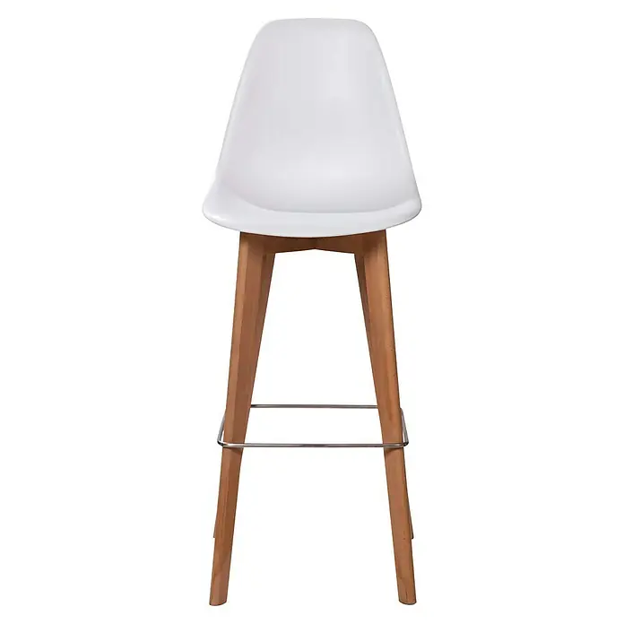 Feros Garten-Barhocker Keeve - Edelstahl, Birkenholz, Polypropylen, Weiß, B x T x H: 47 x 53 x 119 cm - Aufnahme eines modernen Barhockers mit weißem Sitz und Holzbeinen, der eine stilvolle und komfortable Sitzgelegenheit darstellt.