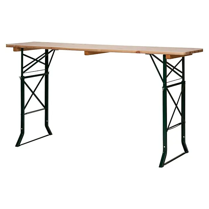 Feros Garten-Tischgestell Bierzeltgarnitur - L x B x H: 220 x 50 x 78 cm, Stahl, Kiefer, Hellbraun/Schwarz - Bild einer Bierbankgarnitur mit einem Holztisch und grünen Metallbeinen. Ideal für Feste und Veranstaltungen, robust und klappbar für einfachen Transport.