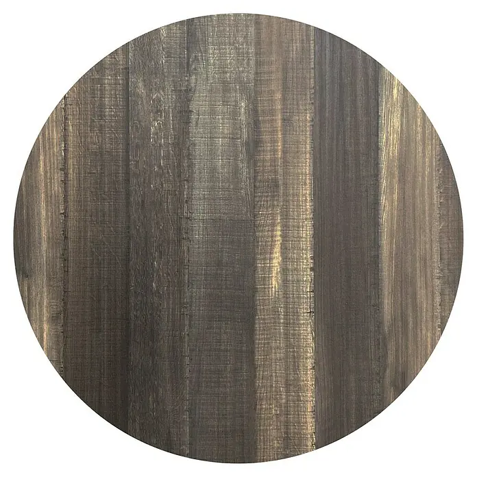 Garten-Tischplatte Feros - Ø x H: 70 x 1,2 cm, HPL, Rund, Braun/Grau - Nahaufnahme einer runden Holzplatte mit einer schönen Maserung. Die Oberfläche ist glatt und weist leichte Farbvariationen auf.