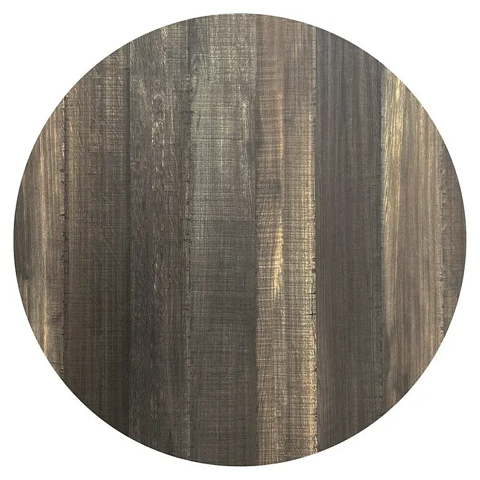 Garten-Tischplatte Feros - Ø x H: 120 x 1,2 cm, HPL, Rund, Braun/Grau - Nahaufnahme einer kreisförmigen Holzoberfläche mit vertikalen Maserungen und warmen Farbtönen.