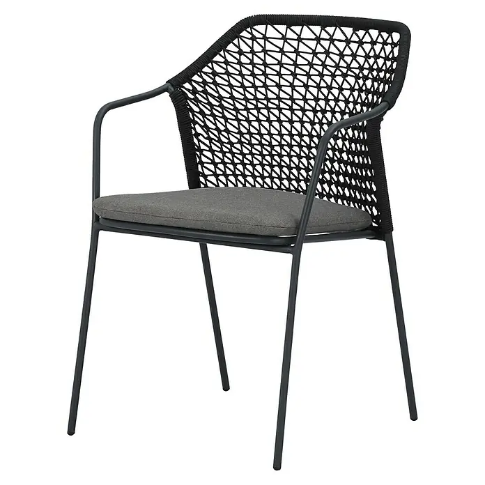 Stapelstuhl Burano - Aluminium, Seilgeflecht, Anthrazit, B x T x H: 58,5 x 60 x 83,5 cm - Eleganter Rattanstuhl mit Armlehnen und grauem Sitzkissen. Das moderne Design macht ihn zum Hingucker für jeden Raum.