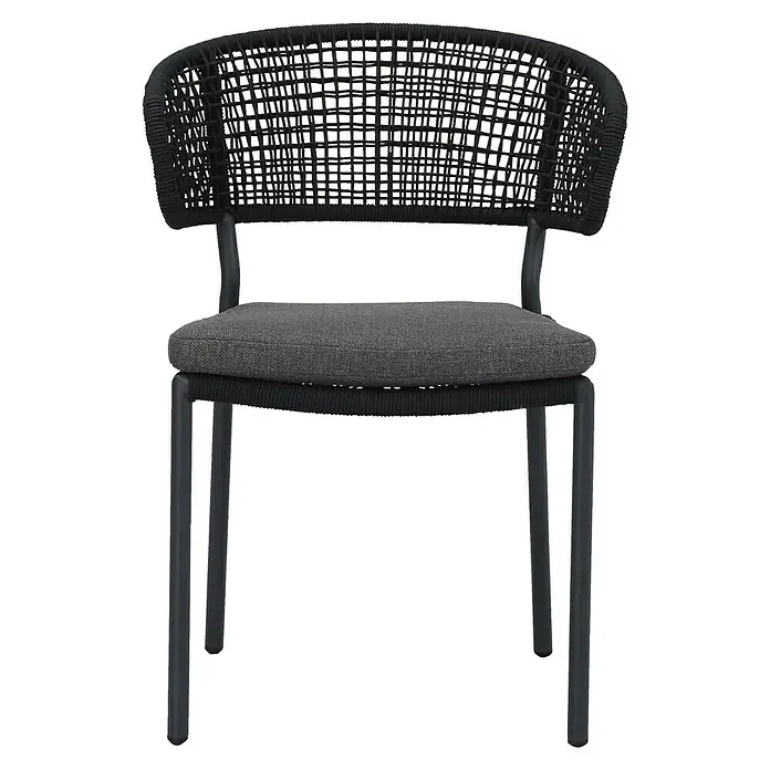 Barths Stapelstuhl Spitz - Aluminium, Seilgeflecht, Anthrazit, B x T x H: 59 x 66 x 82 cm - Schwarzer Stuhl mit geflochtener Rückenlehne und grauem Sitzkissen für komfortables und stilvolles Sitzen im Innenbereich.