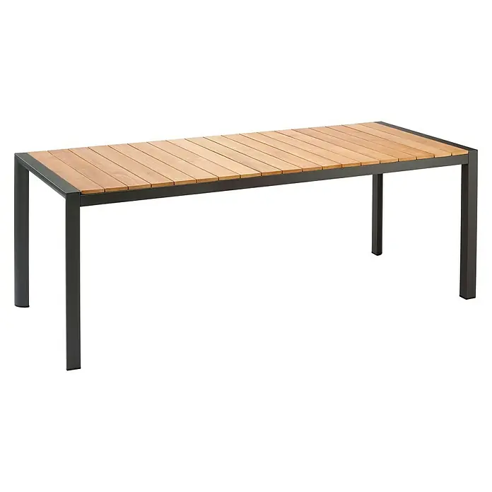 Barths Gartentisch Paros - L x B x H: 210 x 90 x 76 cm, Aluminium, Teak, Anthrazit/Braun - Ein rechteckiger Gartentisch mit einer Holzlattenplatte und einem dunkelgrauen Metallrahmen.