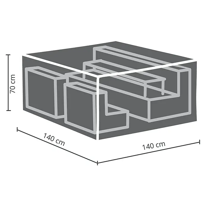 Barths Loungemöbel Schutzhülle - L x B x H: 140 x 140 x 70 cm, Polypropylen, Hellgrau - Abbildung einer Möbelabdeckung mit den Maßen 140x140x70 cm, die für den Schutz von Gartenmöbeln vor Witterungseinflüssen konzipiert ist.