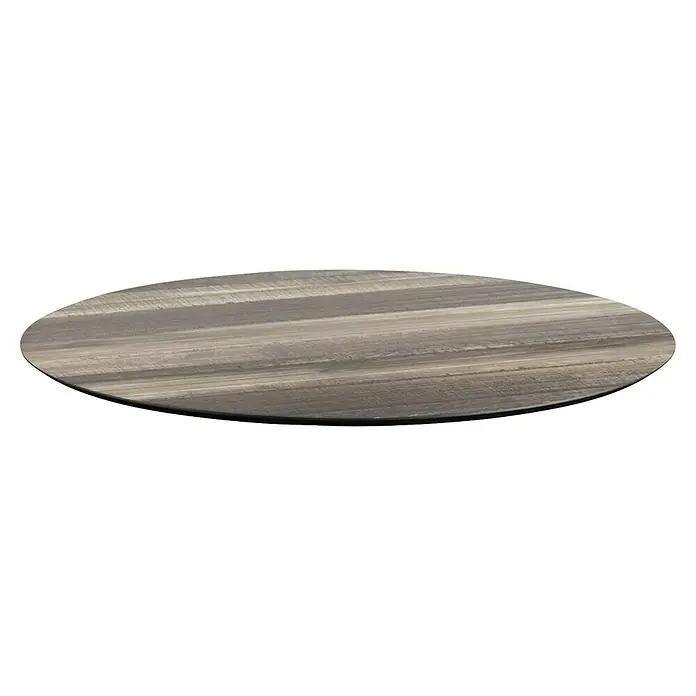 Garten-Tischplatte Feros - Ø x H: 70 x 1,2 cm, HPL, Rund, Braun/Grau - Runde Tischplatte aus grauem Holz mit diagonaler Maserung. Ideal für den Innenbereich. Stabile und attraktive Oberfläche.