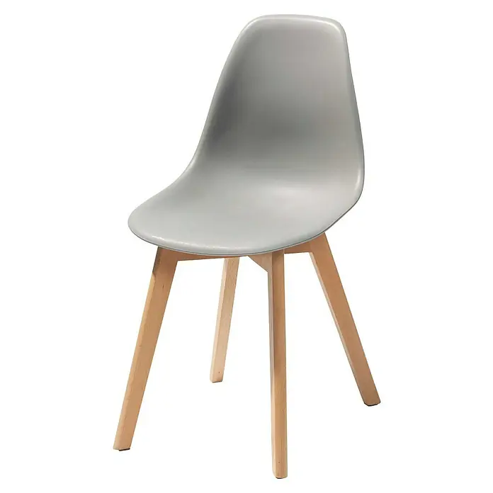 Feros Stapelstuhl Keeve - Edelstahl, Birkenholz, Polypropylen, Grau, B x T x H: 47 x 53 x 83 cm - Nahaufnahme eines modernen grauen Stuhls mit Holzbeinen, der ein minimalistisches und stilvolles Design aufweist. Perfekt für jedes Interieur.