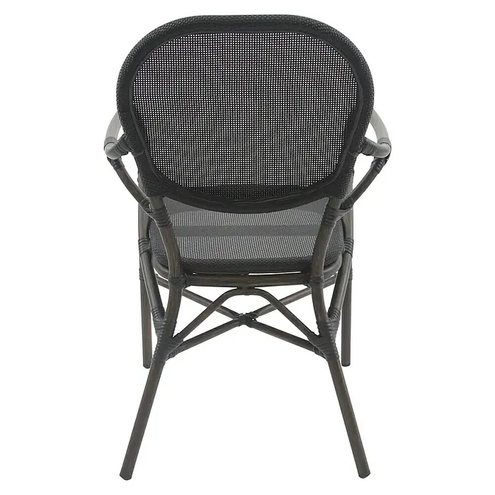 Stapelstuhl Tango - Aluminium, Textilene, Schwarz, B x T x H: 56 x 64 x 89 cm - Nahaufnahme eines stilvollen Rattanstuhls mit dunklem Geflecht, ideal für Terrasse oder Garten.