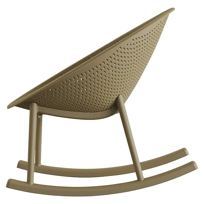Barths Garten-Schaukelstuhl Qosy - Polypropylen, Sandbraun, B x T x H: 66 x 83 x 80 cm - Abgebildet ist ein moderner Schaukelstuhl in Beige, der durch sein perforiertes Design und die geschwungenen Kufen besticht. Das Möbelstück lädt zum Entspannen ein.