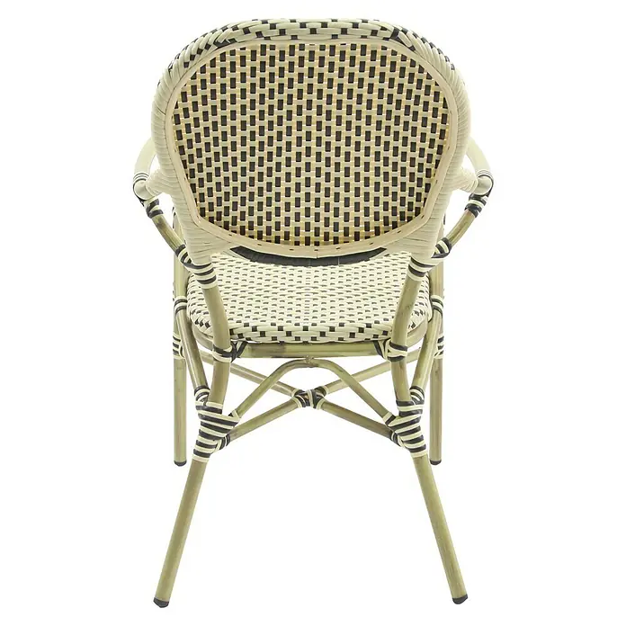 Feros Stapelstuhl Tango - Aluminium, Polyethylen, Beige/Schwarz, B x T x H: 56 x 64 x 89 cm - Nahaufnahme eines Bistro-Stuhls mit geflochtener Sitzfläche und Rückenlehne in Beige- und Schwarztönen. Das Gestell ist aus Bambus gefertigt.