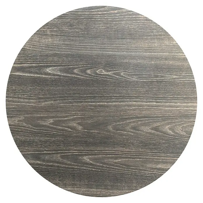 Garten-Tischplatte Feros - Ø x H: 70 x 1,2 cm, HPL, Rund, Braun - Nahaufnahme einer runden Tischplatte aus dunklem Holz mit sichtbarer Maserung auf schwarzem Hintergrund.