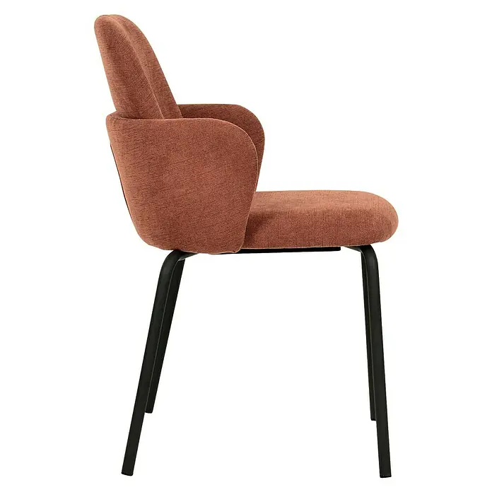 Feros Stapelstuhl Paddy - Stahl, Sperrholz, Schaumstoff, Braun/Rot, B x T x H: 56 x 56 x 82 cm - Ein stilvoller Sessel mit braunem Bezug und einem schlanken, schwarzen Metallgestell. Das Design ist modern und komfortabel.