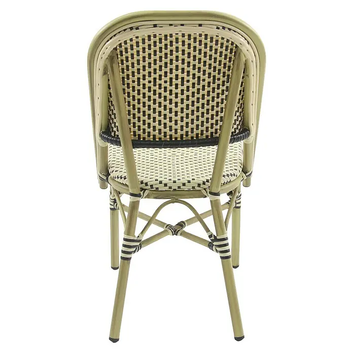 Feros Stapelstuhl Paris - Aluminium, Polyethylen, Beige/Schwarz, B x T x H: 47 x 90 x 90 cm - Nahaufnahme eines stapelbaren Bistro-Stuhls mit geflochtenem Rücken und Sitzfläche in Schwarz und Beige, ideal für den Außenbereich.