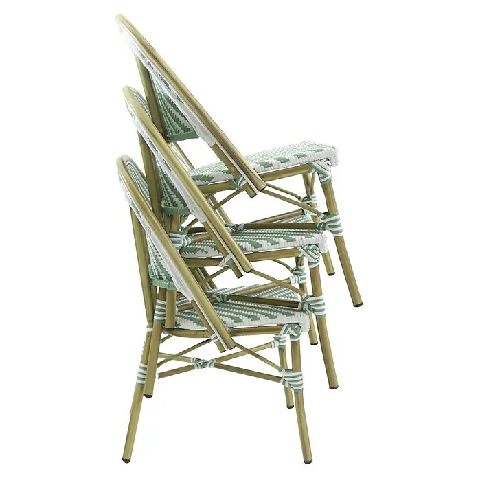 Feros Stapelstuhl Paris - Aluminium, Polyethylen, Türkis/Weiß, B x T x H: 47 x 90 x 90 cm - Ein Stapel Klappstühle mit grünen und weißen Sitzen. Die Stühle sind aus Metall gefertigt und haben ein geflochtenes Muster.