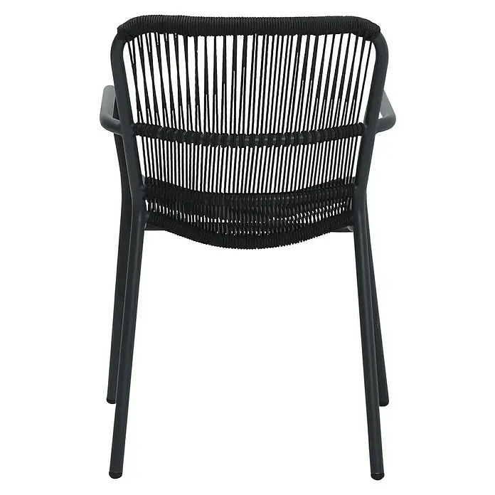 Stapelstuhl Fellow - Aluminium, Seilgeflecht, Anthrazit, B x T x H: 66 x 56 x 86 cm - Nahaufnahme eines modernen Stuhls mit dunklem Metallrahmen und geflochtener Sitzfläche. Der Stuhl ist robust und stilvoll.