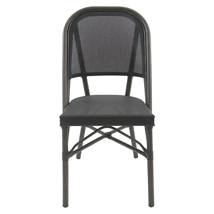 Stapelstuhl Paris - Aluminium, Textilene, Schwarz, B x T x H: 47 x 57 x 90 cm - Eine Nahaufnahme eines schwarzen Bistrostuhls mit Rohrgeflecht und Metallrahmen. Elegantes Design für den Innen- und Außenbereich.