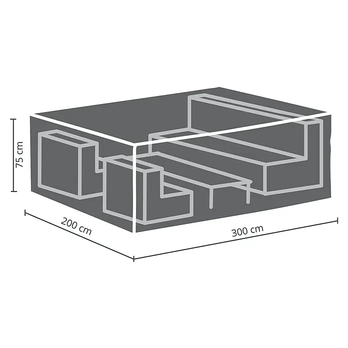 Barths Loungemöbel Schutzhülle - L x B x H: 300 x 200 x 75 cm, Polypropylen, Hellgrau - Eine Abbildung einer grauen Gartenmöbel Schutzhülle, die eine Sofagarnitur bedeckt. Die Maße der Hülle sind 200x300x75 cm.