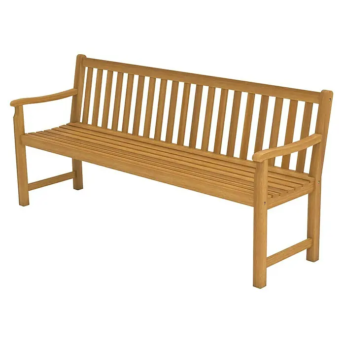 Gartenbank Stockholm - B x T x H: 180 x 55 x 83 cm, Teak, Braun - Abbildung einer Gartenbank aus Holz. Die Bank hat eine hohe Rückenlehne mit Latten und Armlehnen. Die Sitzfläche ist ebenfalls aus Holzlatten gefertigt.