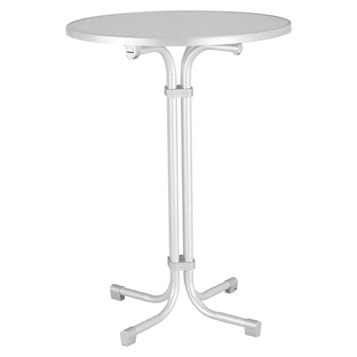 Barths Garten-Stehtisch rund Multiflex - Ø x H: 70 x 100 cm, Stahl, Rund, Weiß - Bild eines runden, hochklappbaren Bistrotisches in Silber. Perfekt für kleine Räume und einfache Lagerung.
