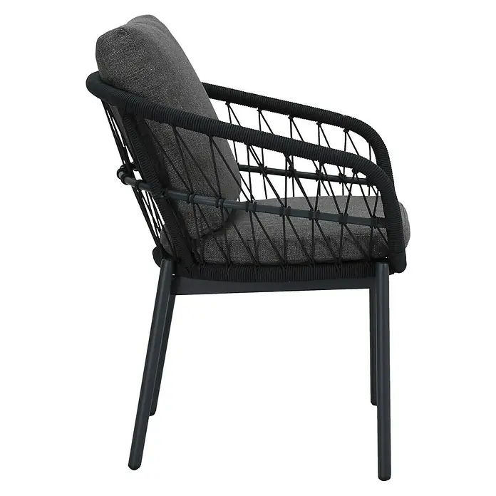 Barths Gartensessel Tropea - Aluminium, Seilgeflecht, Anthrazit, B x T x H: 63,5 x 64,5 x 78,5 cm - Ein stilvoller Lounge-Sessel mit grauem Kissen und einem geflochtenen Design, ideal für Entspannung im Freien.