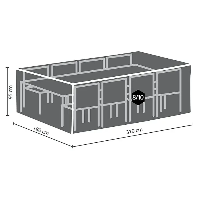 Barths Sitzgruppen-Schutzhülle - L x B x H: 310 x 180 x 95 cm, Polypropylen, Hellgrau - Eine Schutzhülle für eine Gartentischgarnitur, die Tisch und Stühle abdeckt, dargestellt mit Maßangaben für Höhe, Länge und Breite.