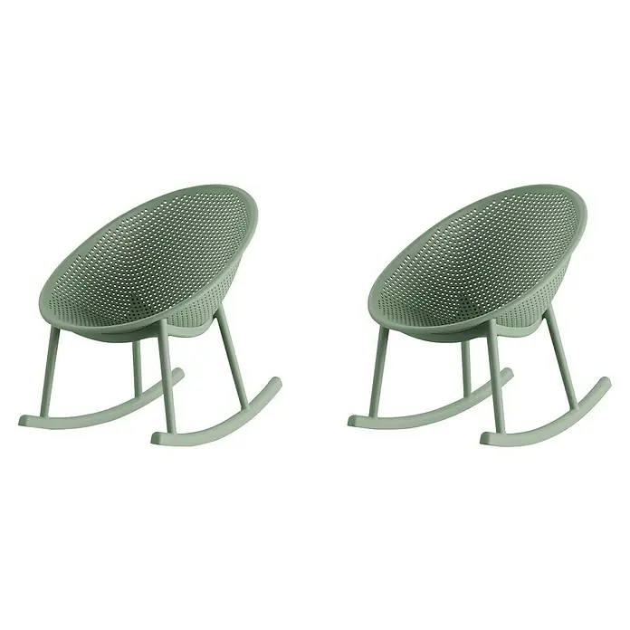 Barths Garten-Schaukelstuhl Qosy - Polypropylen, Grün, B x T x H: 66 x 83 x 80 cm - Zwei grüne Schaukelstühle mit einem perforierten Design, die eine moderne und entspannende Sitzgelegenheit darstellen.