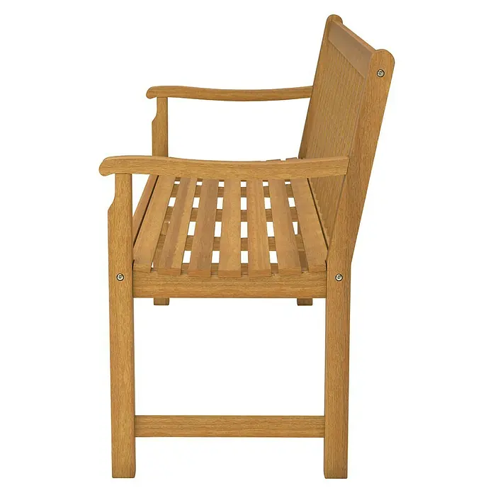 Gartenbank Stockholm - B x T x H: 150 x 55 x 83 cm, Teak, Braun - Eine seitliche Ansicht einer Holzbank mit Armlehnen und Rückenlehne, die die Konstruktion und das Material des Produkts hervorhebt.