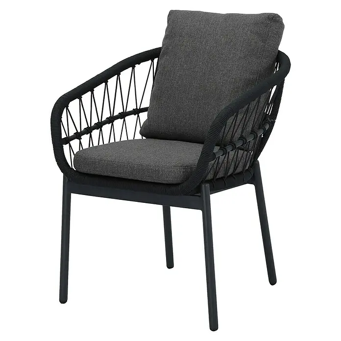 Barths Gartensessel Tropea - Aluminium, Seilgeflecht, Anthrazit, B x T x H: 63,5 x 64,5 x 78,5 cm - Ein grauer Lounge-Sessel mit weicher Sitzfläche und Rückenlehne, umgeben von einem eleganten, dunklen Gestell. Ideal für stilvolle Entspannung.