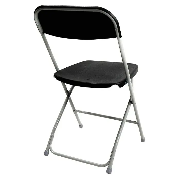 Feros Klappstuhl Budget - Stahl, Grau/Schwarz, B x T x H: 45 x 45 x 80,5 cm - Aufnahme eines einzelnen Klappstuhls mit schwarzem Sitz und einem hellgrauen Metallrahmen. Er ist einfach zu verstauen und ideal für zusätzliche Sitzgelegenheiten.
