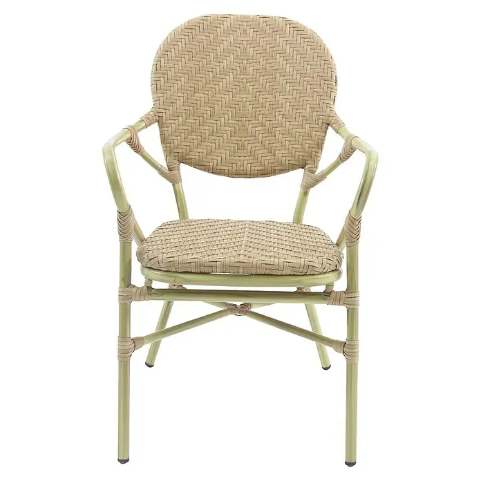 Feros Stapelstuhl Tango - Aluminium, Polyethylen, Beige, B x T x H: 56 x 64 x 89 cm - Nahaufnahme eines Korbstuhls in natürlicher Farbgebung. Der Stuhl hat ein geflochtenes Design auf Sitz und Rückenlehne.