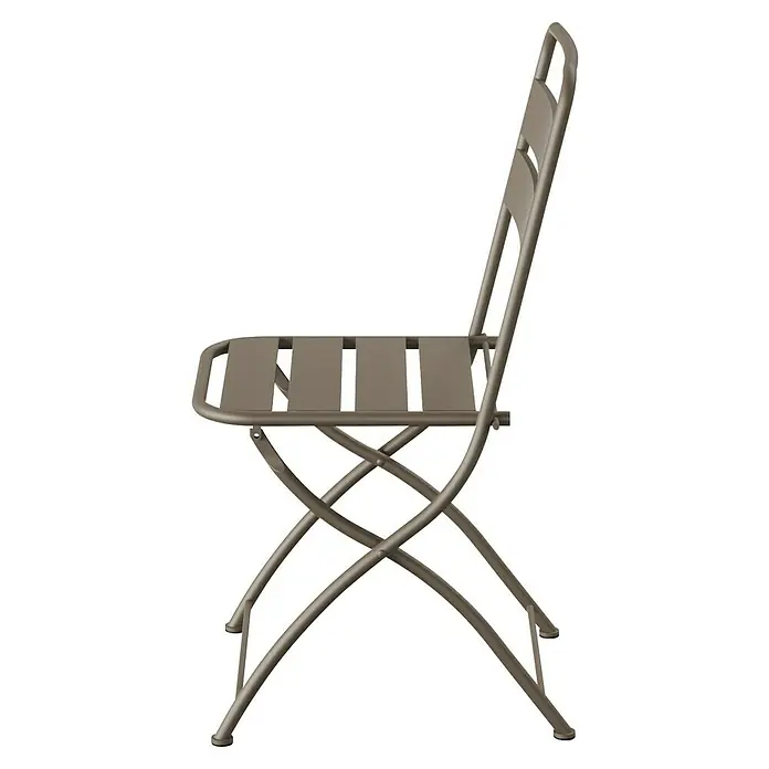 Feros Klappstuhl Breeze - Stahl, Braun, B x T x H: 43 x 54 x 87,5 cm - Bild einer grauen Klappstuhlseitenansicht. Der Stuhl ist aus Metall und hat eine Rückenlehne mit horizontalen Streifen.