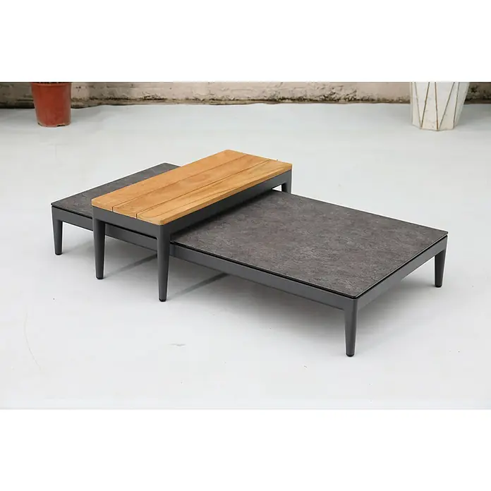 Loungetisch Athene - L x B x H: 144 x 74 x 36 cm, Metall, Anthrazit - Zwei Couchtische mit Holz- und Steinoberflächen. Die Tische sind in einem modernen Design gehalten und wirken sehr stilvoll.