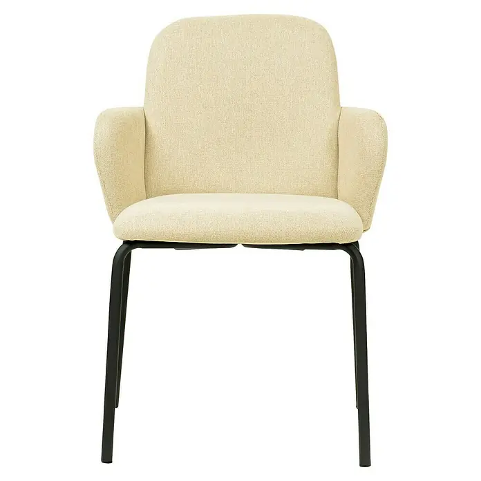 Feros Stapelstuhl Paddy - Stahl, Sperrholz, Schaumstoff, Beige, B x T x H: 56 x 56 x 82 cm - Ein stilvoller Sessel mit beigem Stoffbezug und einem modernen, dunklen Metallgestell, perfekt für ein elegantes Ambiente.