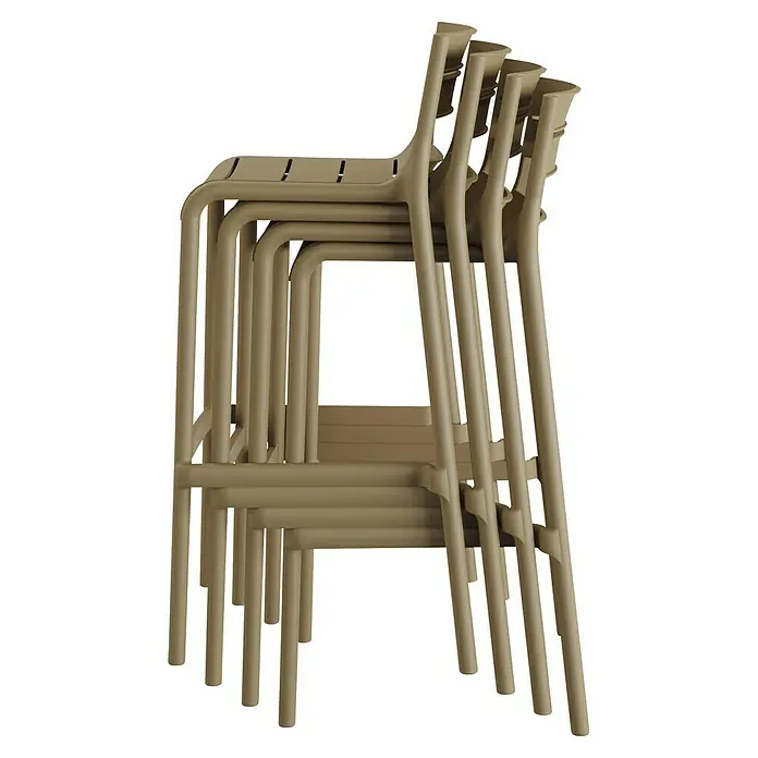 Garten-Barhocker Calor - Polypropylen, Stapelbar, Sandbraun, B x T x H: 49 x 49 x 100 cm - Stapel von Outdoor-Barhockern in sandfarbener Ausführung. Ideal für Gastronomie und den privaten Gartenbereich, platzsparend und stilvoll.