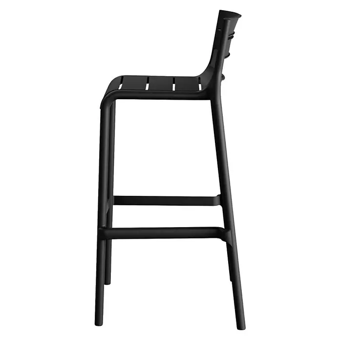 Garten-Barhocker Calor - Polypropylen, Stapelbar, Schwarz, B x T x H: 49 x 49 x 100 cm - Abbildung eines modernen, schwarzen Barstuhls mit Rückenlehne und Fußstütze, ideal für eine stilvolle Einrichtung.