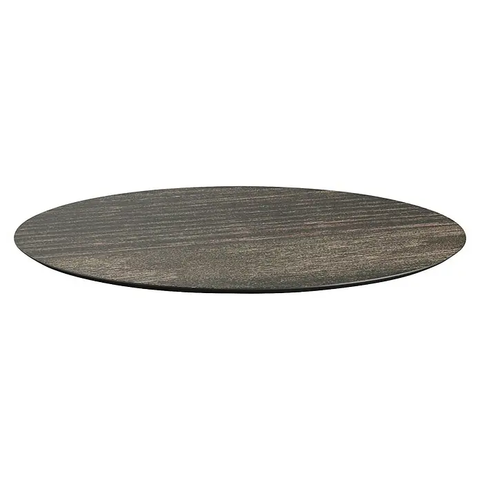 Garten-Tischplatte Feros - Ø x H: 70 x 1,2 cm, HPL, Rund, Braun - Nahaufnahme einer runden Tischplatte aus dunklem Holz mit feiner Maserung. Das schlichte Design betont die natürliche Schönheit des Holzes.