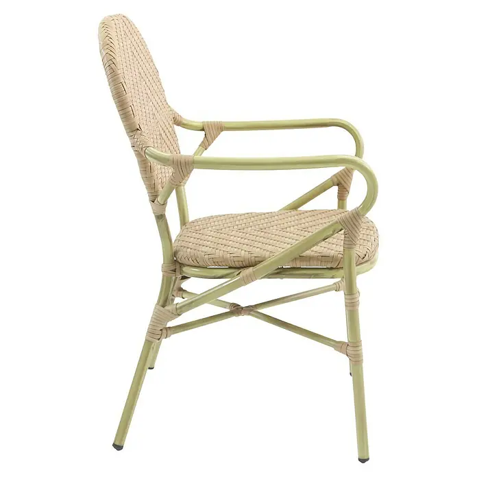 Feros Stapelstuhl Tango - Aluminium, Polyethylen, Beige, B x T x H: 56 x 64 x 89 cm - Blick auf einen Korbsessel mit Armlehnen, ideal für den Außenbereich, in sanften Naturtönen. Perfekt für entspannte Stunden im Garten oder auf der Terrasse.