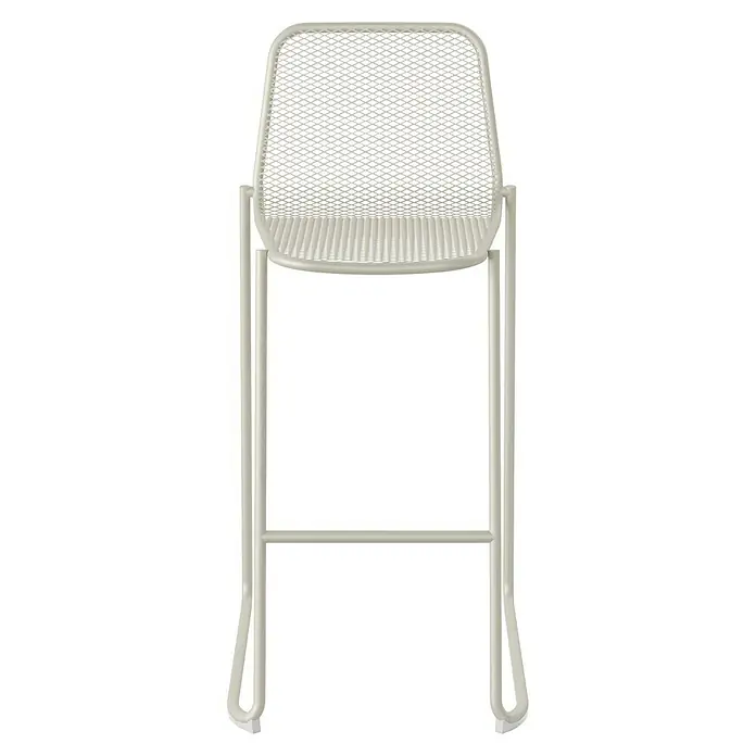 Feros Garten-Barhocker Mase - Stahl, Beige, B x T x H: 52 x 52 x 105 cm - Nahaufnahme eines weißen Hockers mit einem geflochtenen Sitzbereich und einer Rückenlehne aus Maschendraht für ein modernes Aussehen.